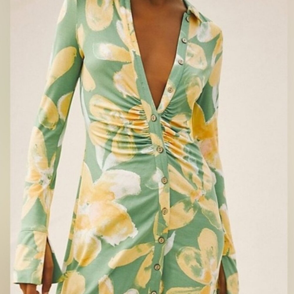 Free People Green & Yellow Floral Long Sleeve Button Dress